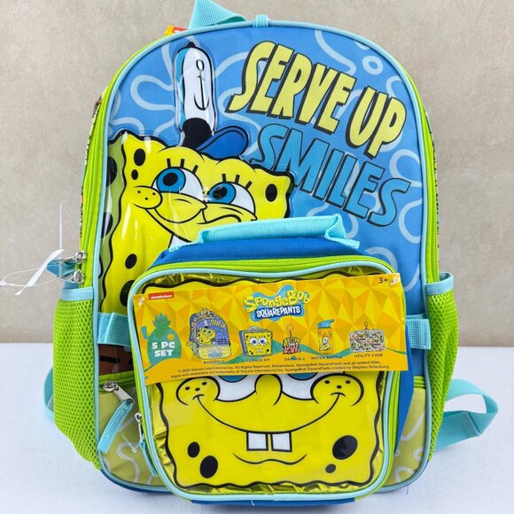 NWT Sponge Bob Kids 5 Pc. Set Backpack 17'' Utility Case Lunch Box Water Bottle - Picture 4 of 7